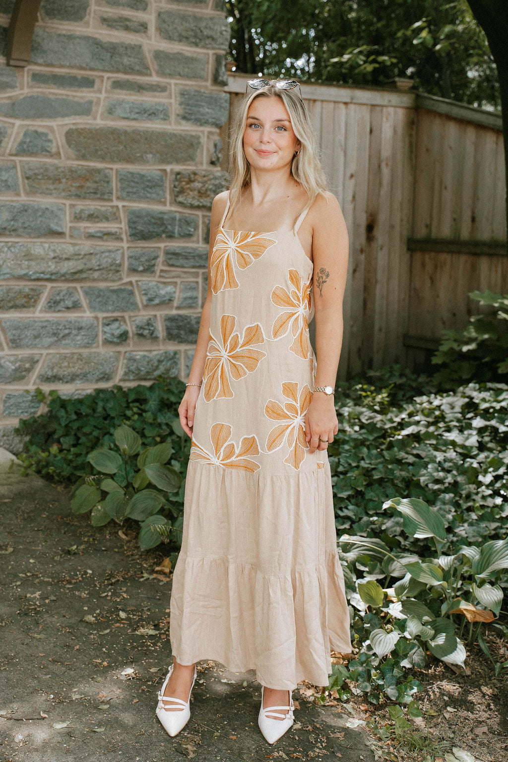 Beige Floral Embroidered Maxi Dress