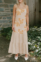 Beige Floral Embroidered Maxi Dress