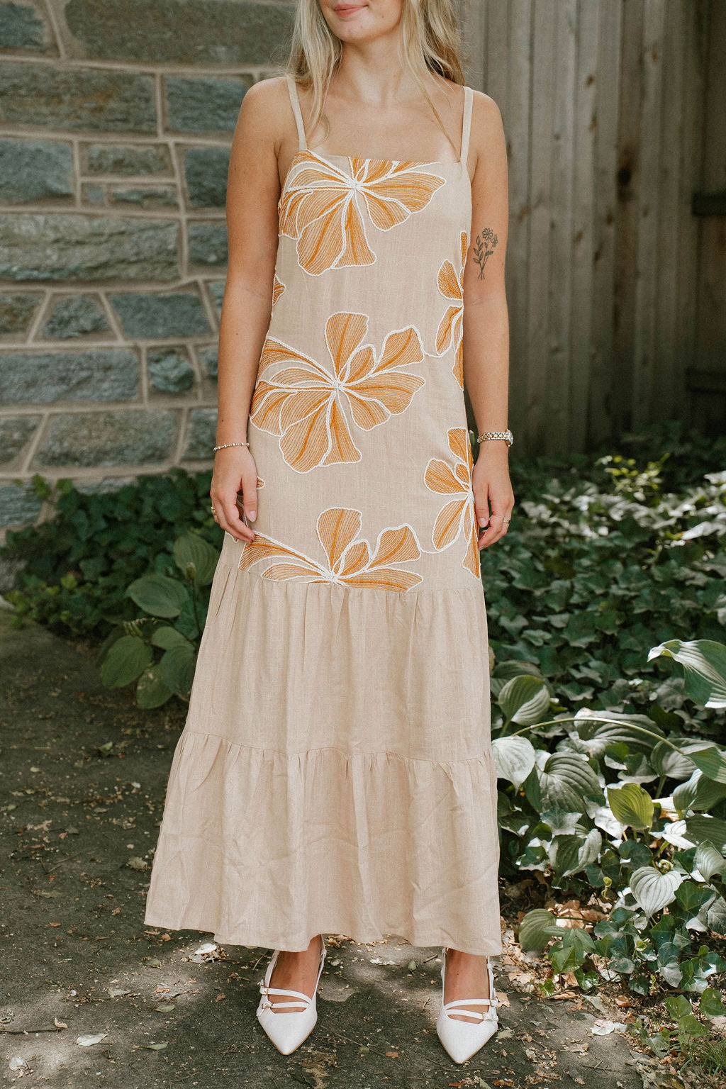 Beige Floral Embroidered Maxi Dress