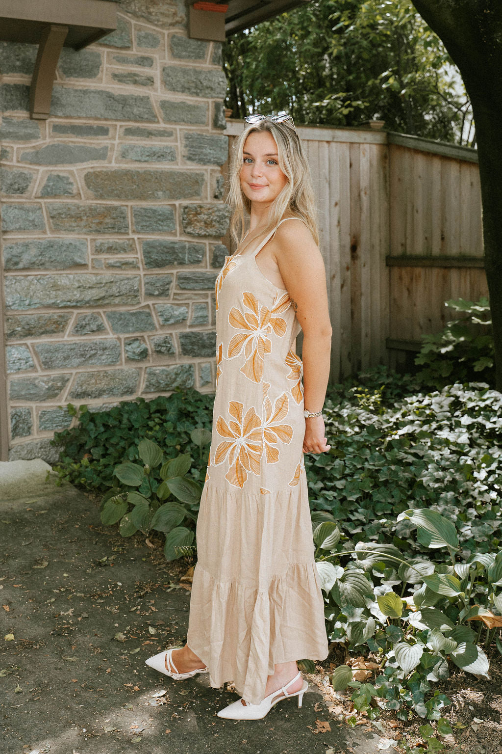 Beige Floral Embroidered Maxi Dress