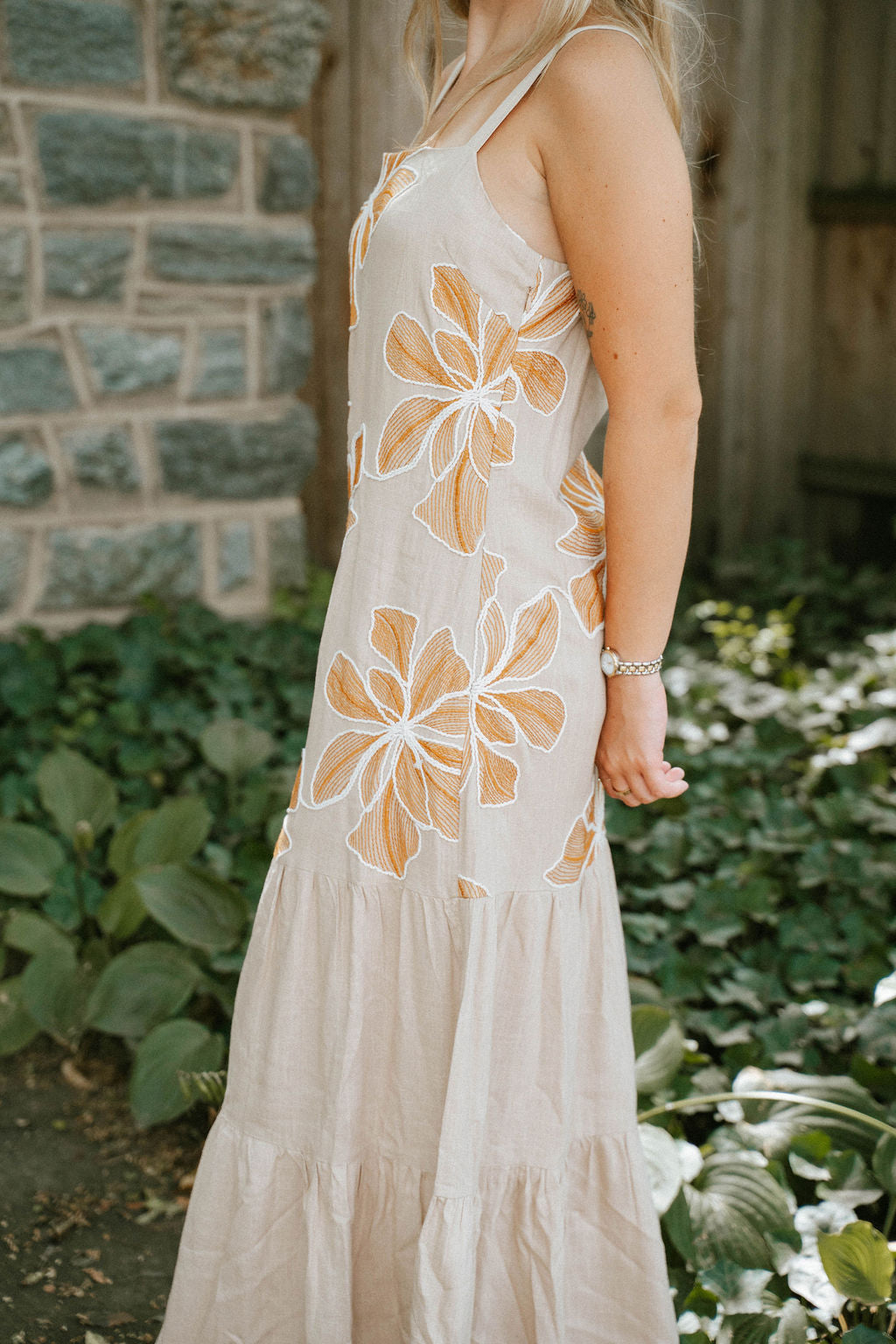 Beige Floral Embroidered Maxi Dress