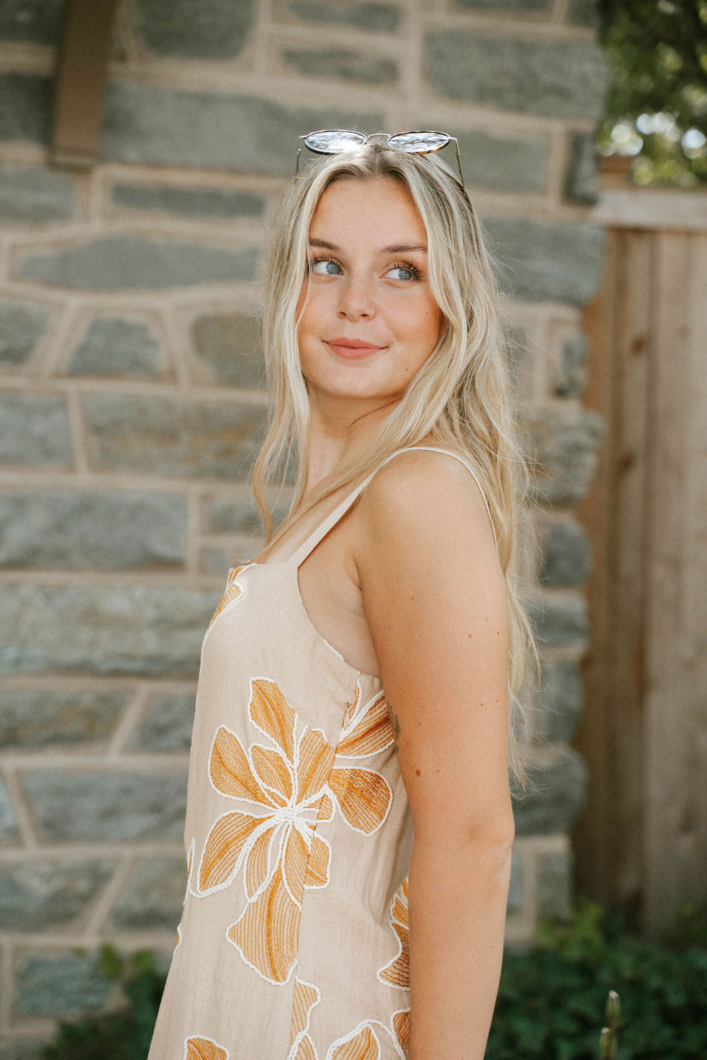 Beige Floral Embroidered Maxi Dress