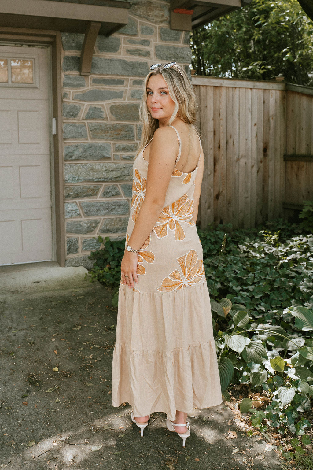 Beige Floral Embroidered Maxi Dress