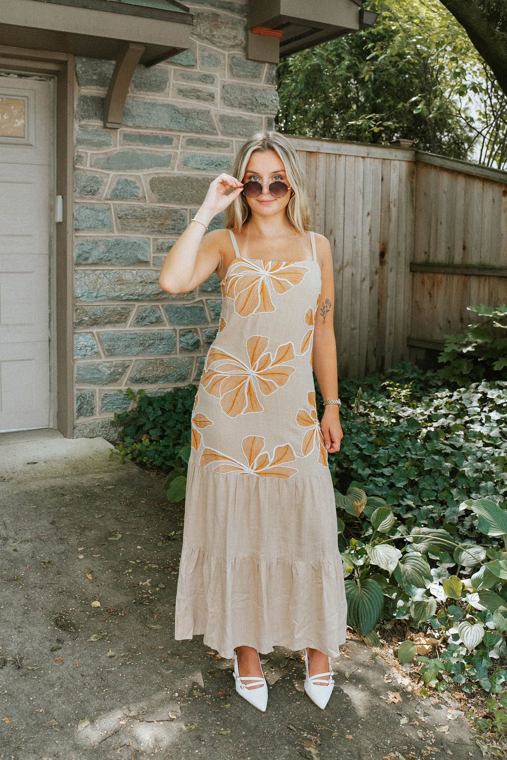 Beige Floral Embroidered Maxi Dress