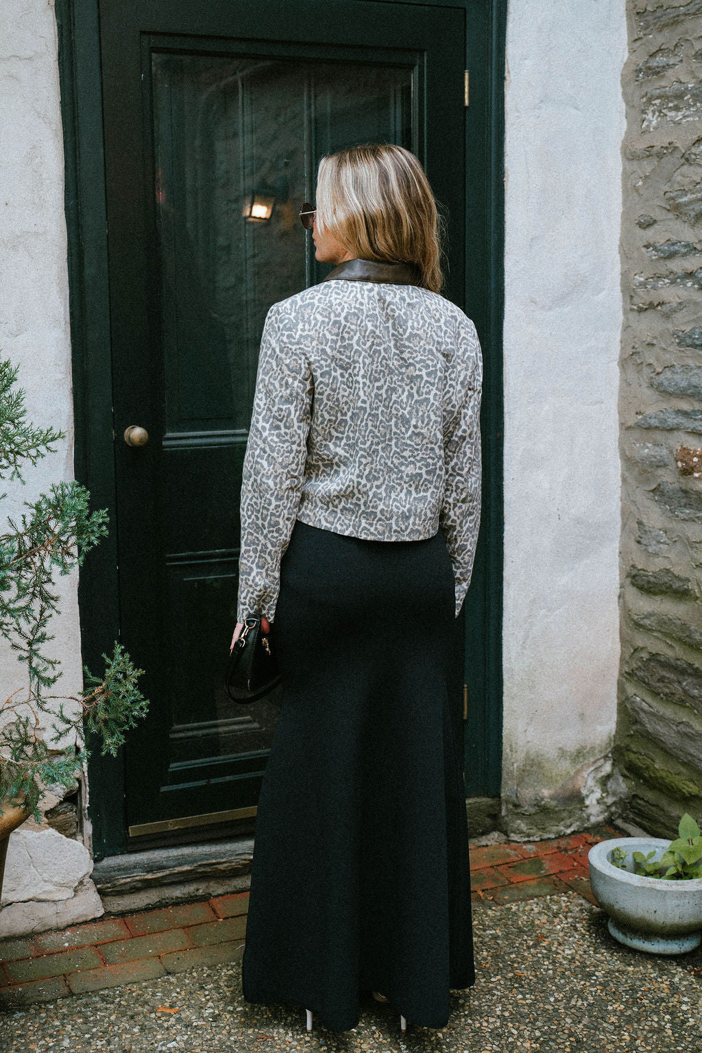 Leopard Print Cropped Jacket with Faux Leather Collar