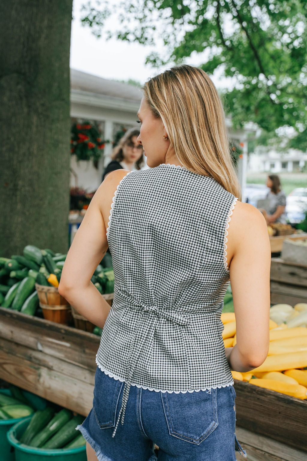 Plaid Crochet Trim Gingham Vest