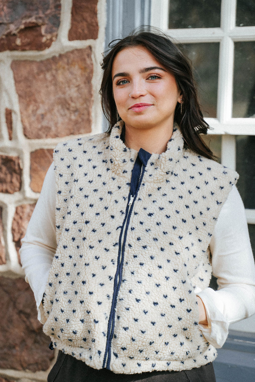 Cozy Love Sherpa Zip Vest – Ivory & Navy