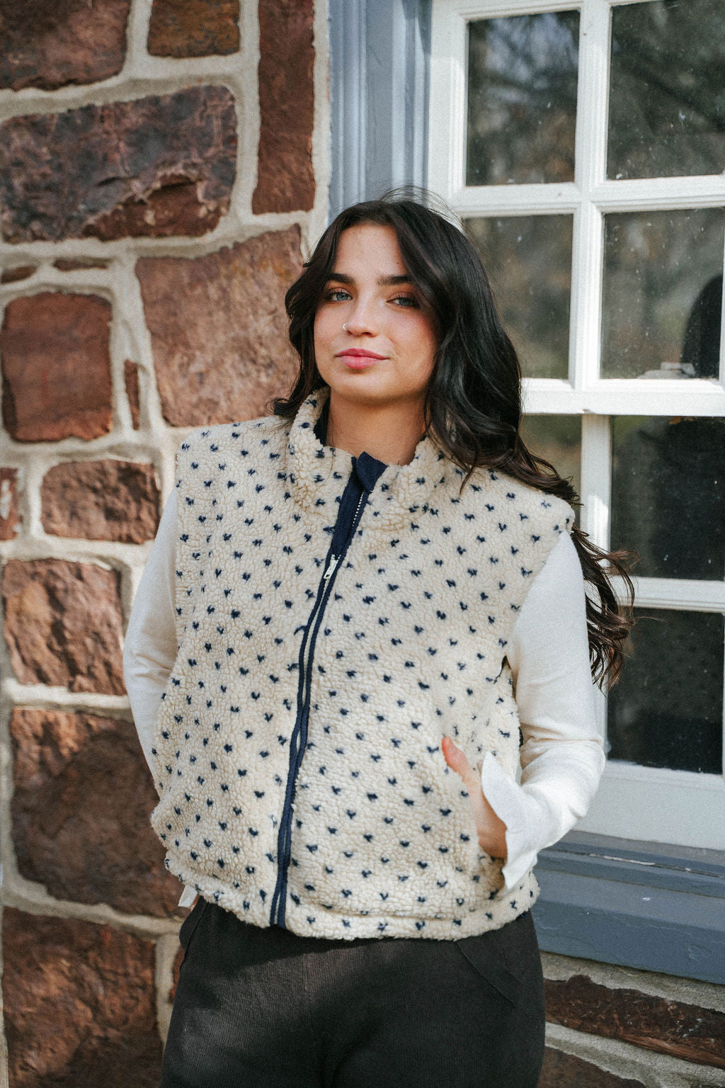 Cozy Love Sherpa Zip Vest – Ivory & Navy