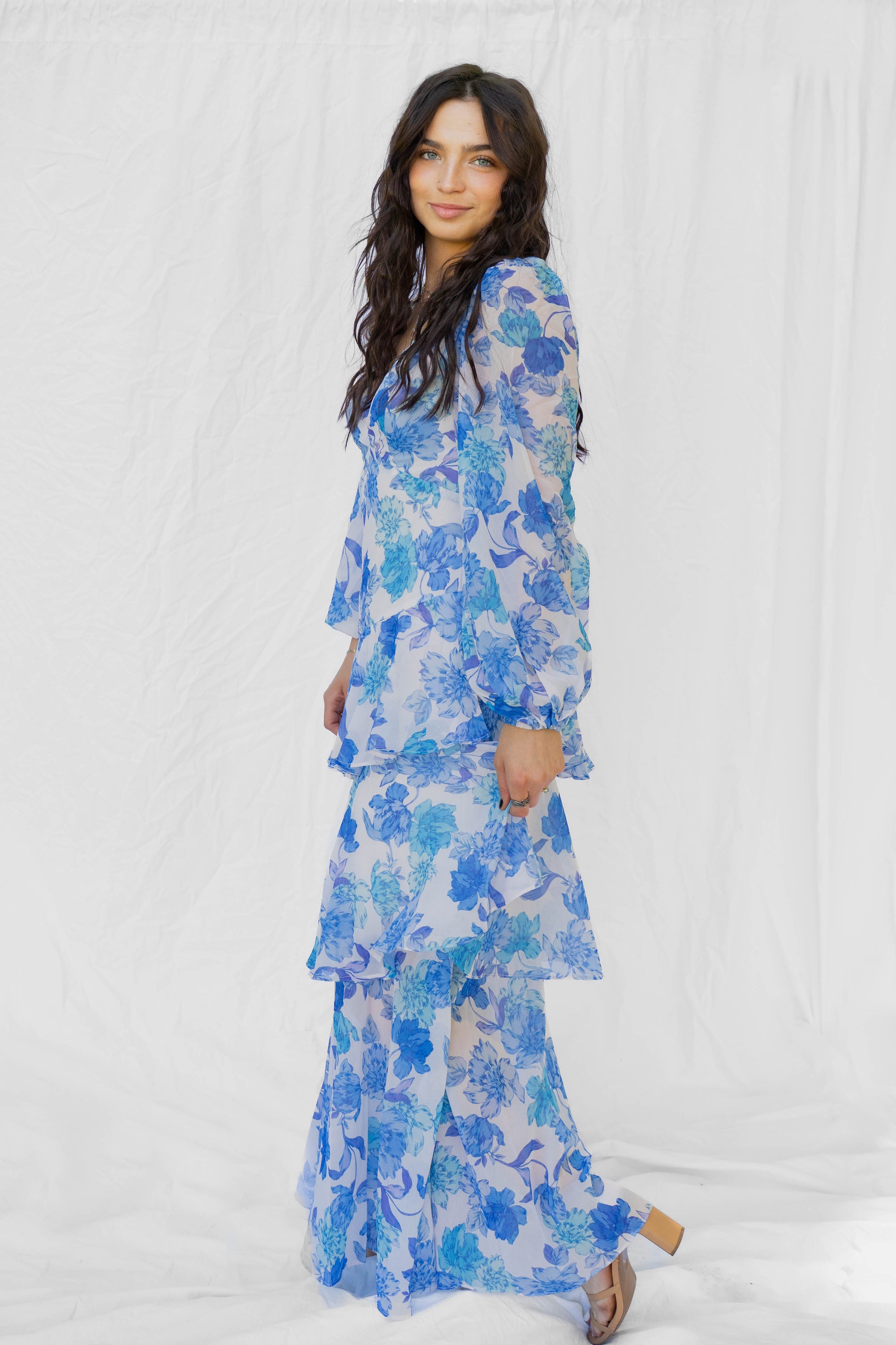 Blue Floral Guest Of Long Sleeve Dress