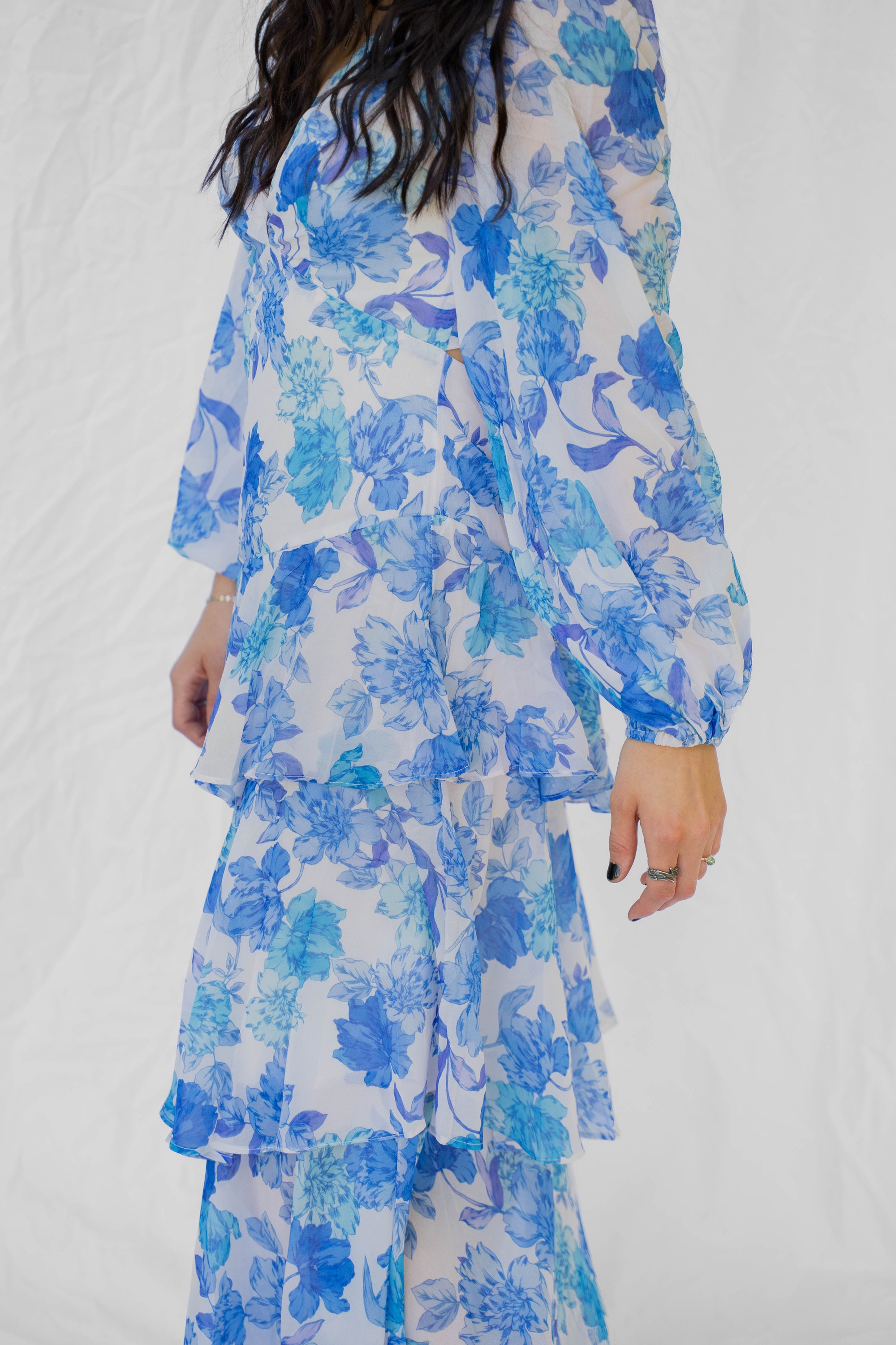Blue Floral Guest Of Long Sleeve Dress