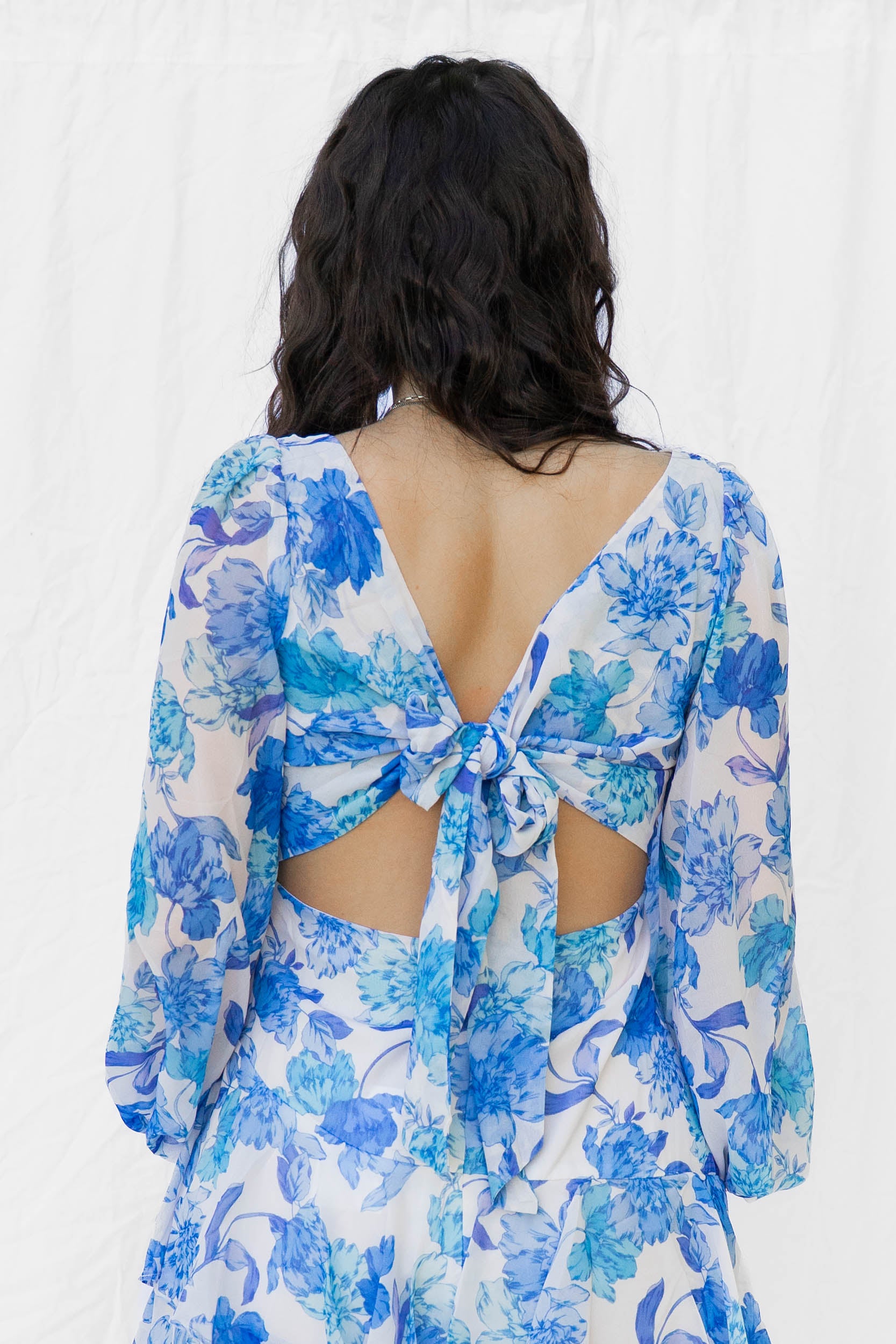 Blue Floral Guest Of Long Sleeve Dress
