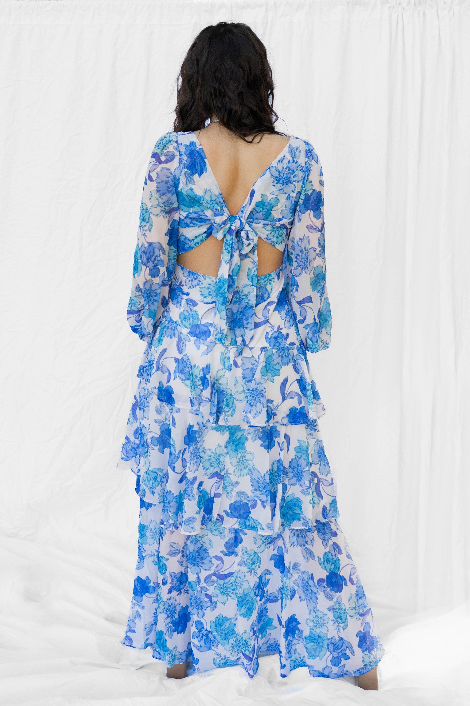 Blue Floral Guest Of Long Sleeve Dress