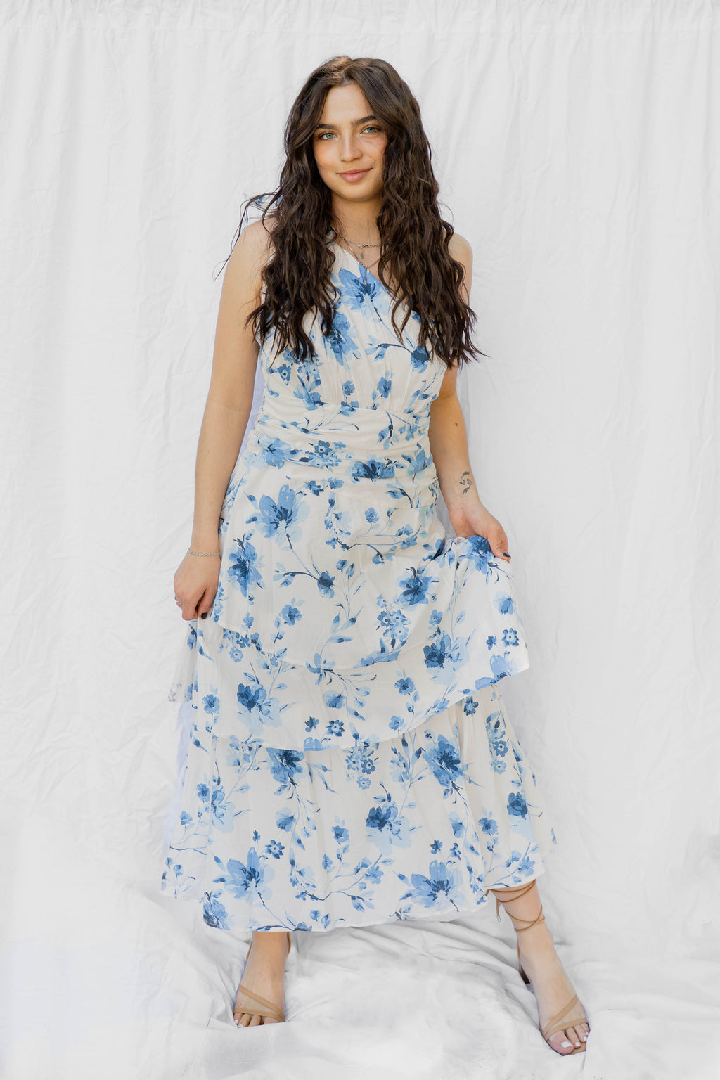 Asymmetrical Blue White Floral Dress