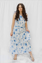 Asymmetrical Blue White Floral Dress