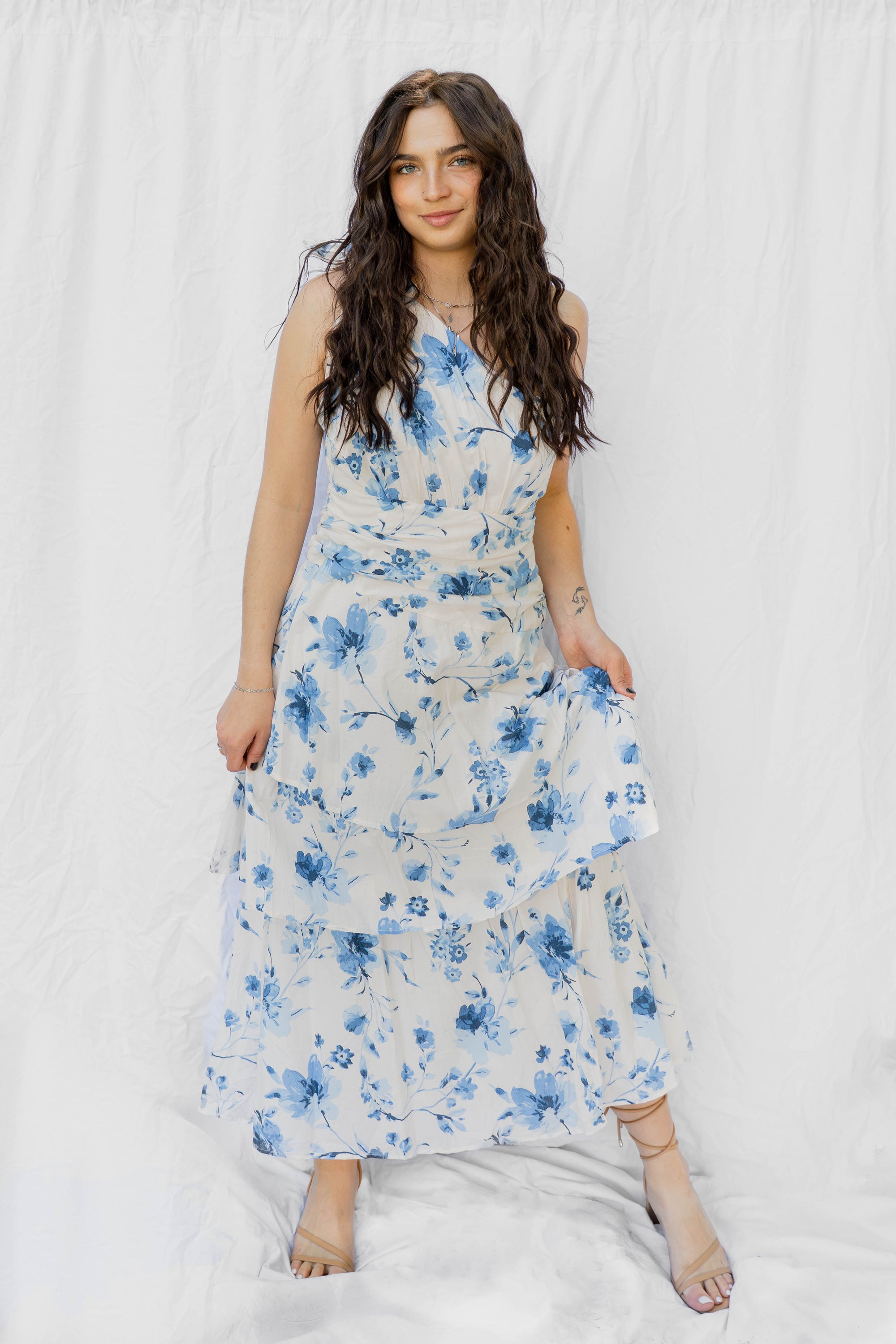 Asymmetrical Blue White Floral Dress