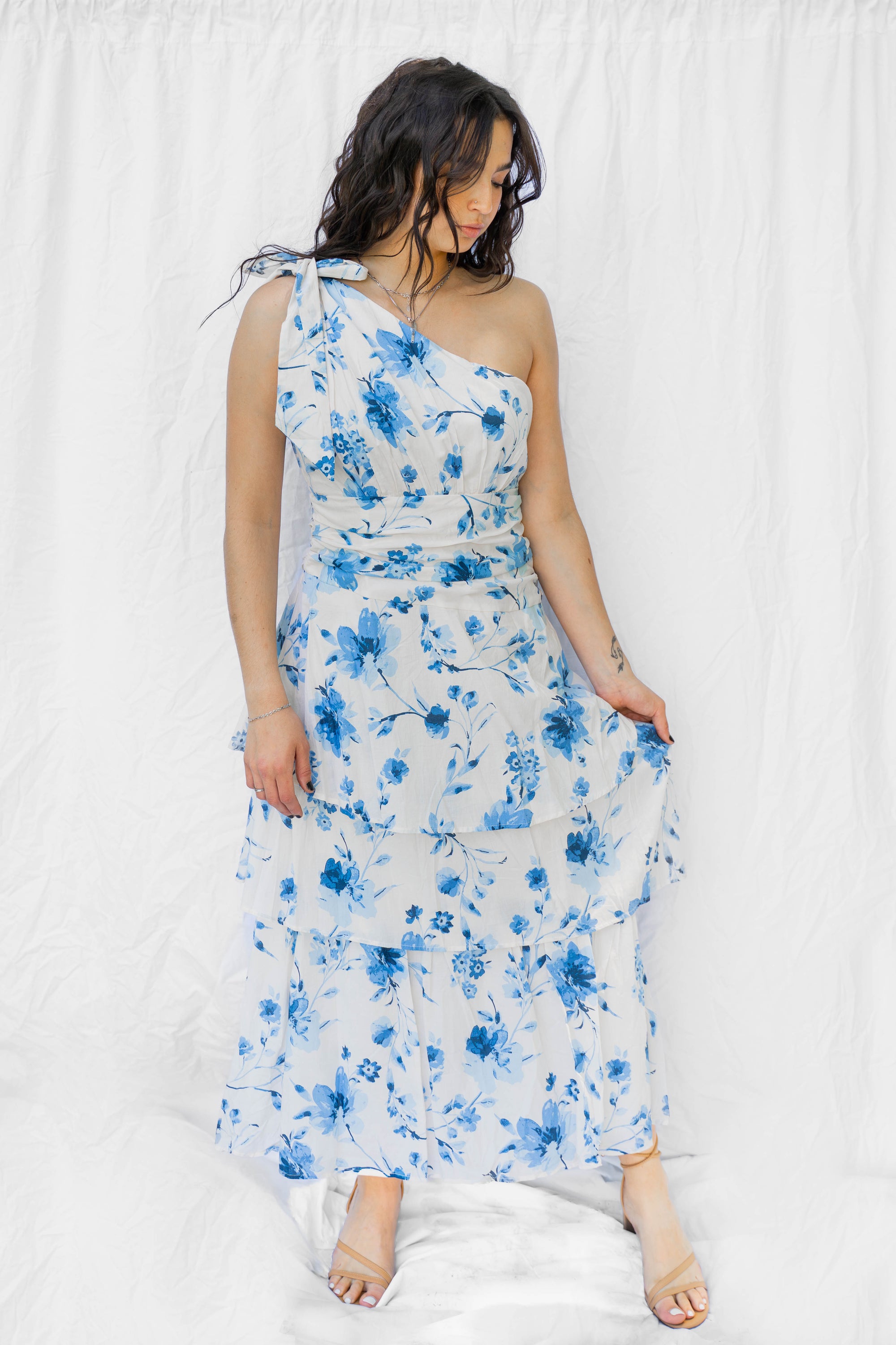 Asymmetrical Blue White Floral Dress