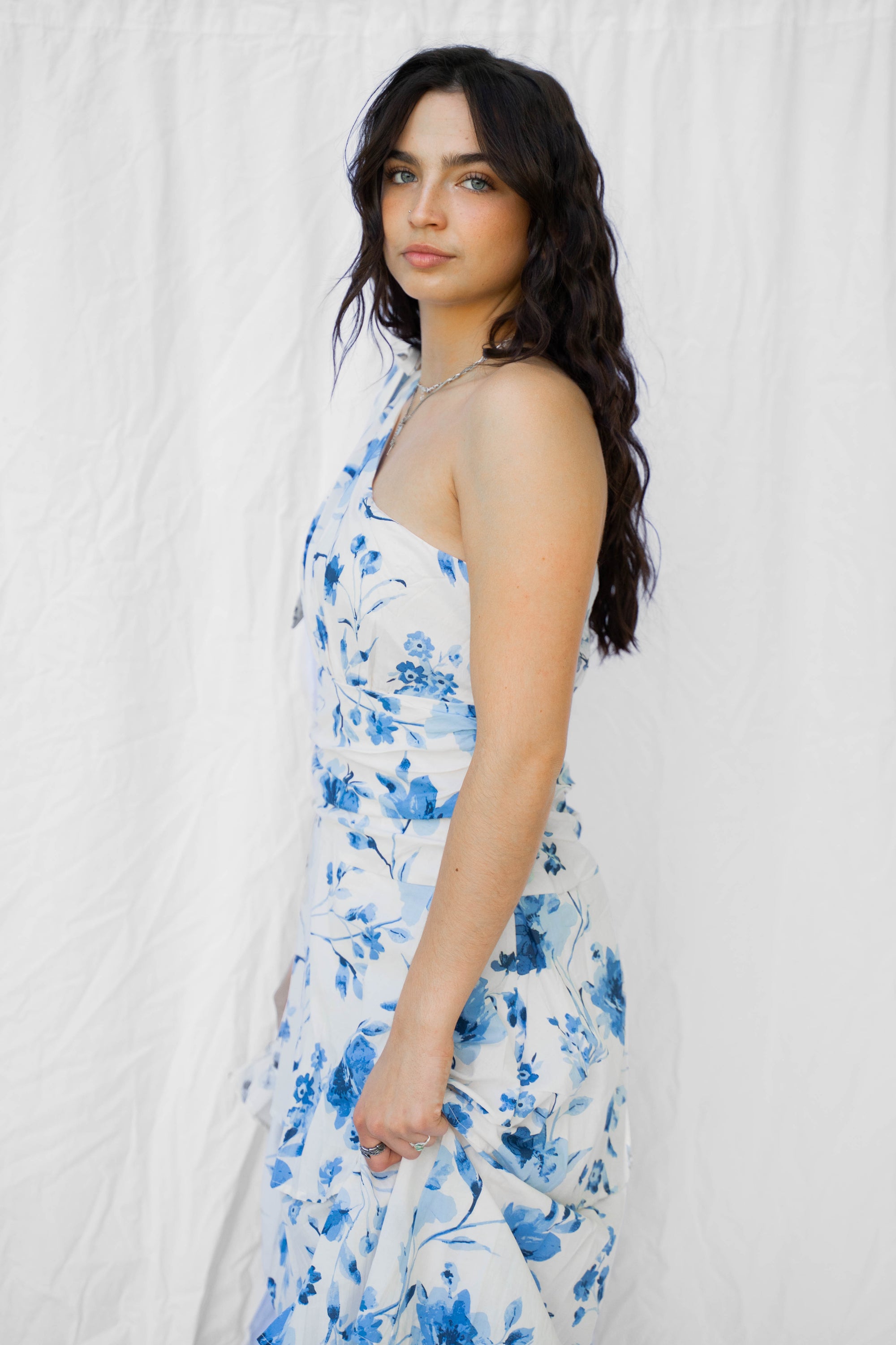Asymmetrical Blue White Floral Dress