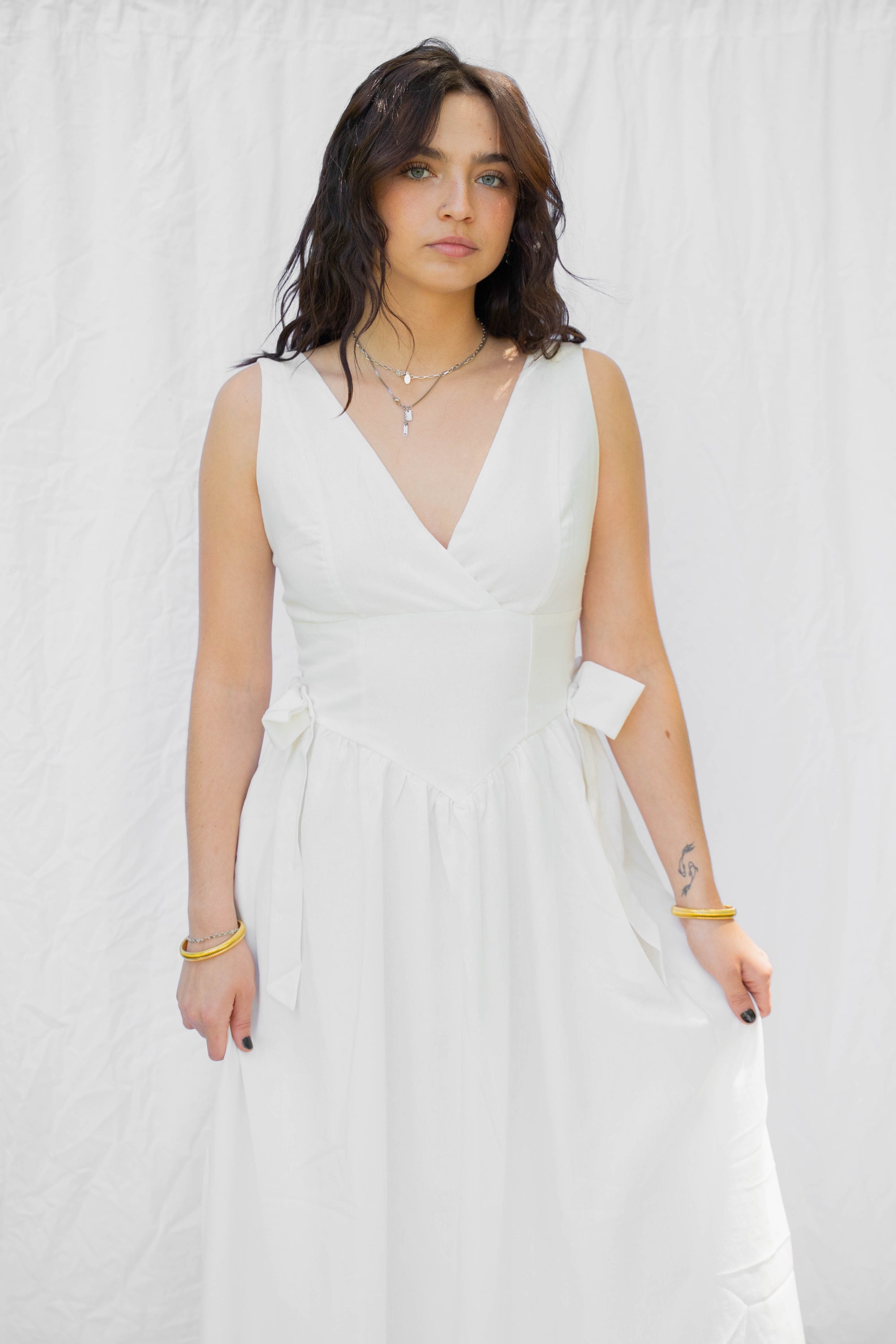 White Side Bow 100% Cotton Dress