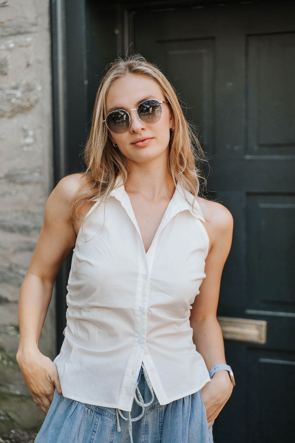 Haisley Ruched Sides Halter Top- White