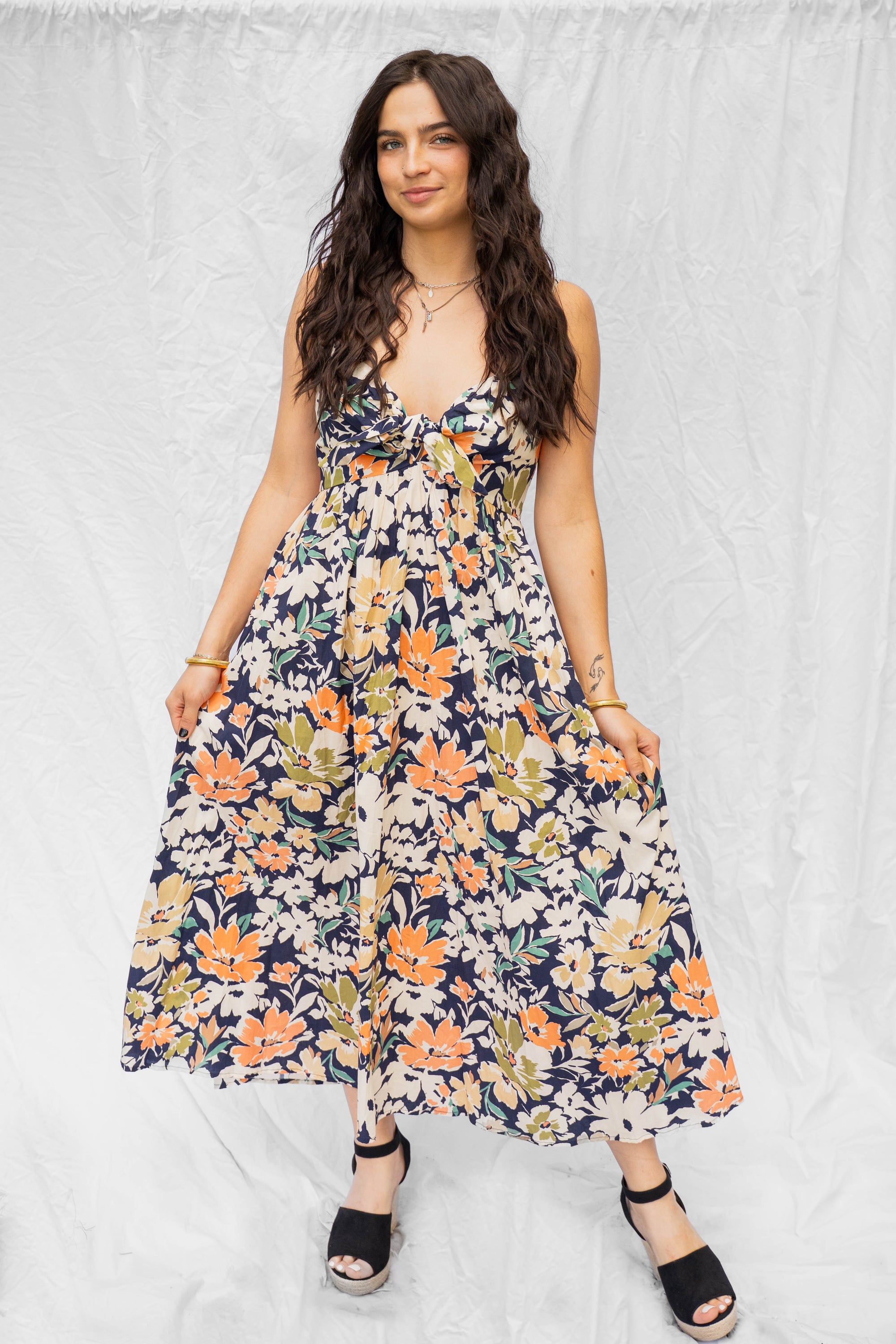 Navy Multi Floral Print Front Tie Midi Dress