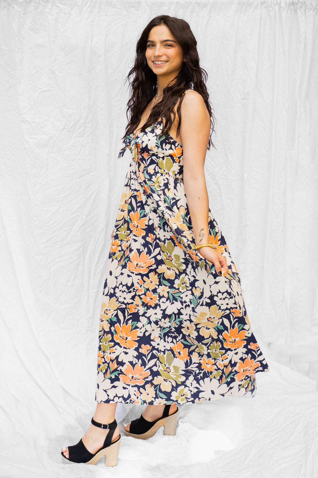 Navy Multi Floral Print Front Tie Midi Dress