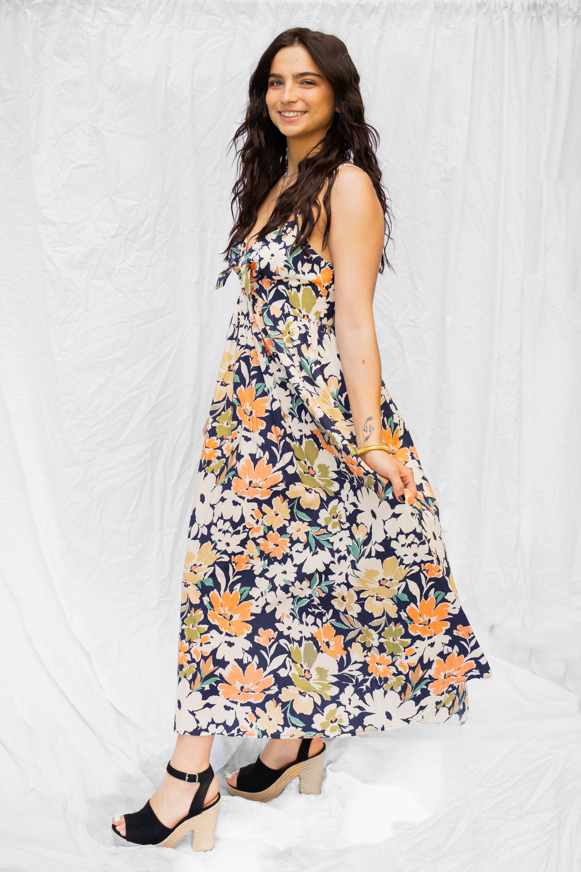 Navy Multi Floral Print Front Tie Midi Dress