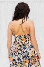 Navy Multi Floral Print Front Tie Midi Dress