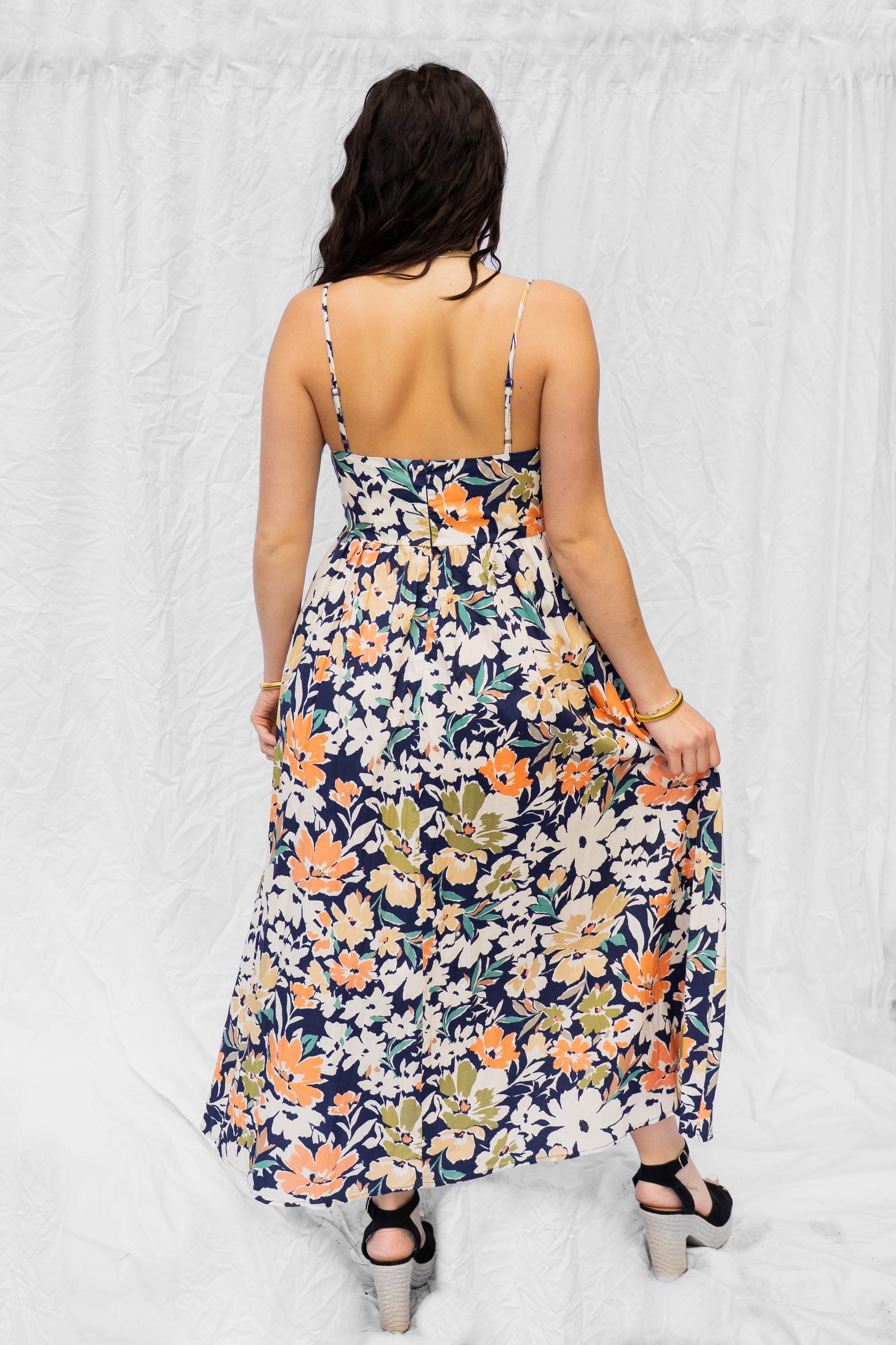 Navy Multi Floral Print Front Tie Midi Dress