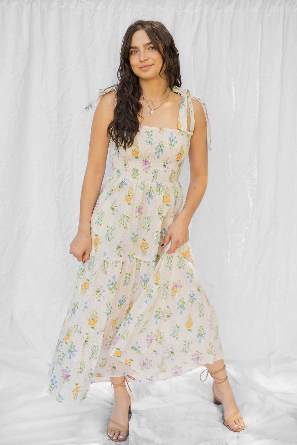 Cream Multi Floral Bouquet Midi Dress