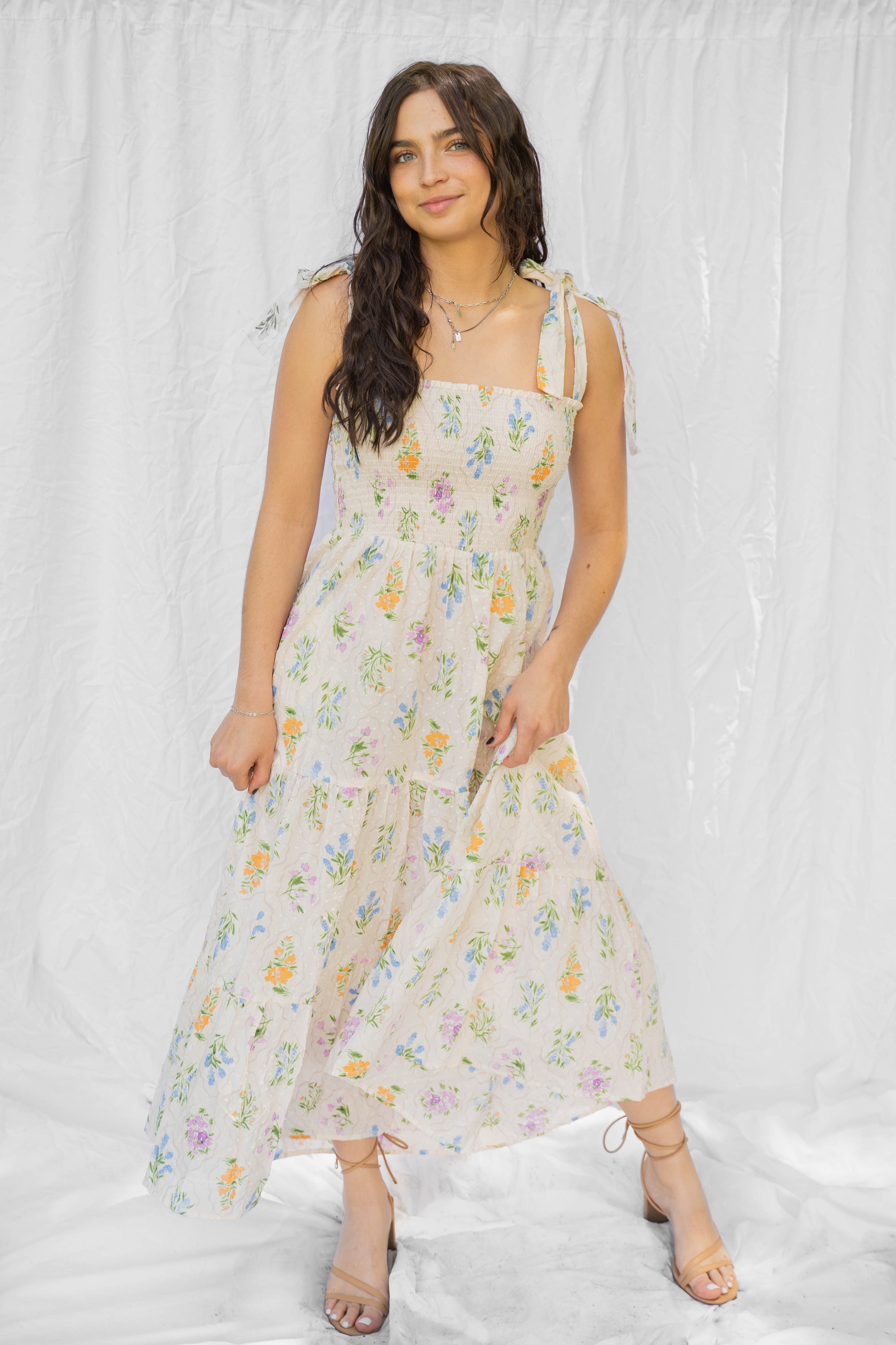 Cream Multi Floral Bouquet Midi Dress