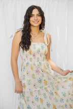 Cream Multi Floral Bouquet Midi Dress
