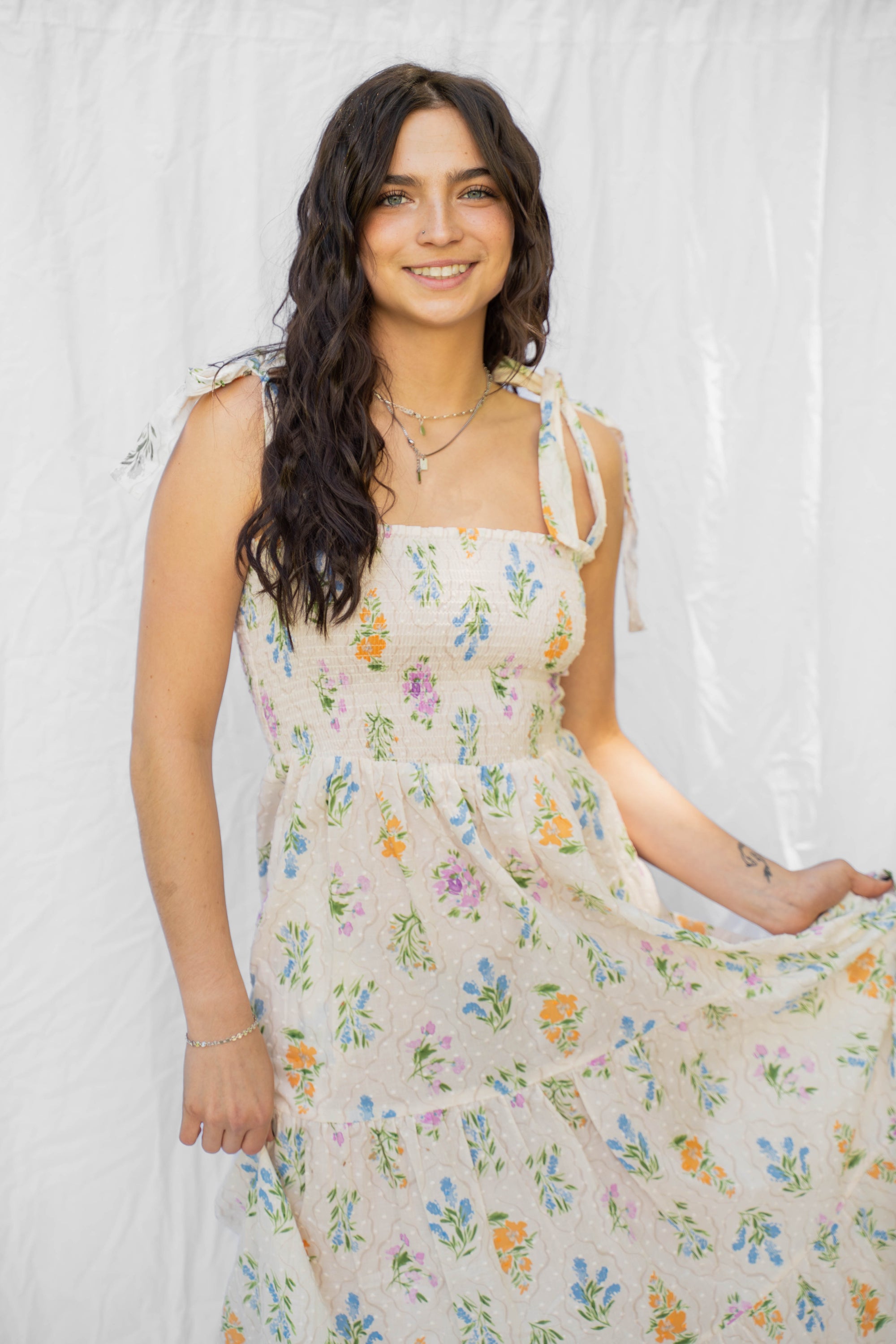 Cream Multi Floral Bouquet Midi Dress
