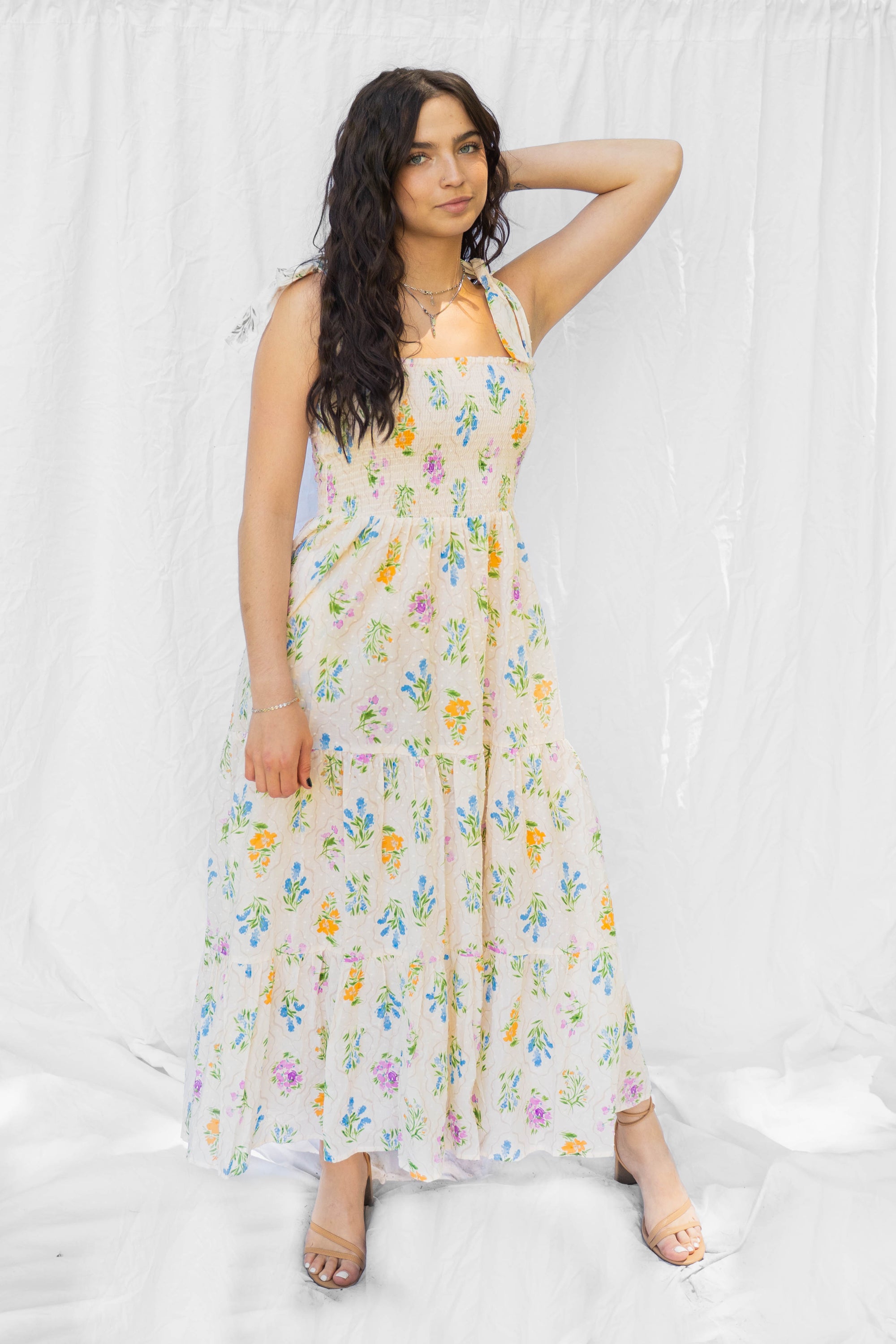 Cream Multi Floral Bouquet Midi Dress