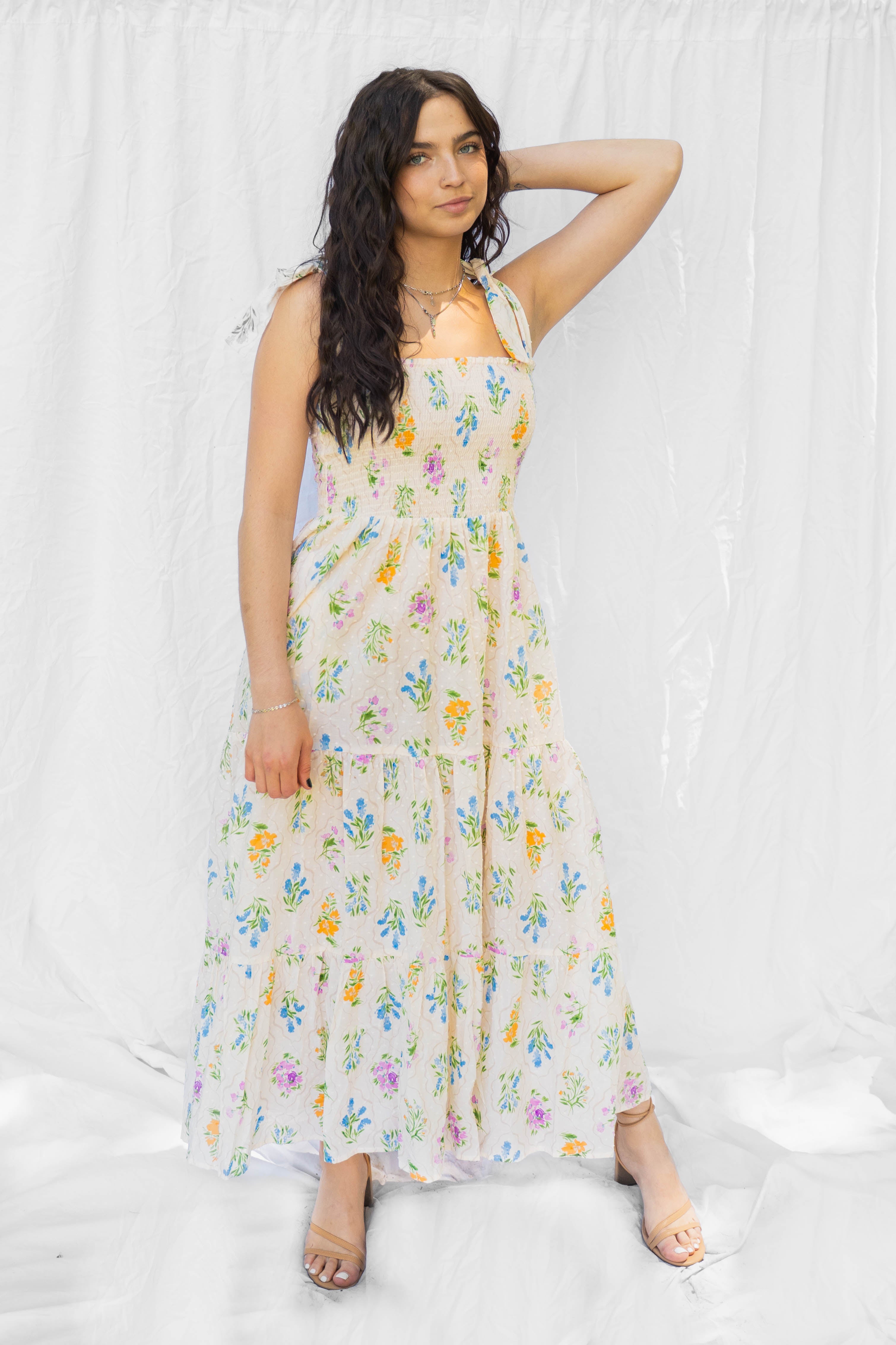Cream Multi Floral Bouquet Midi Dress