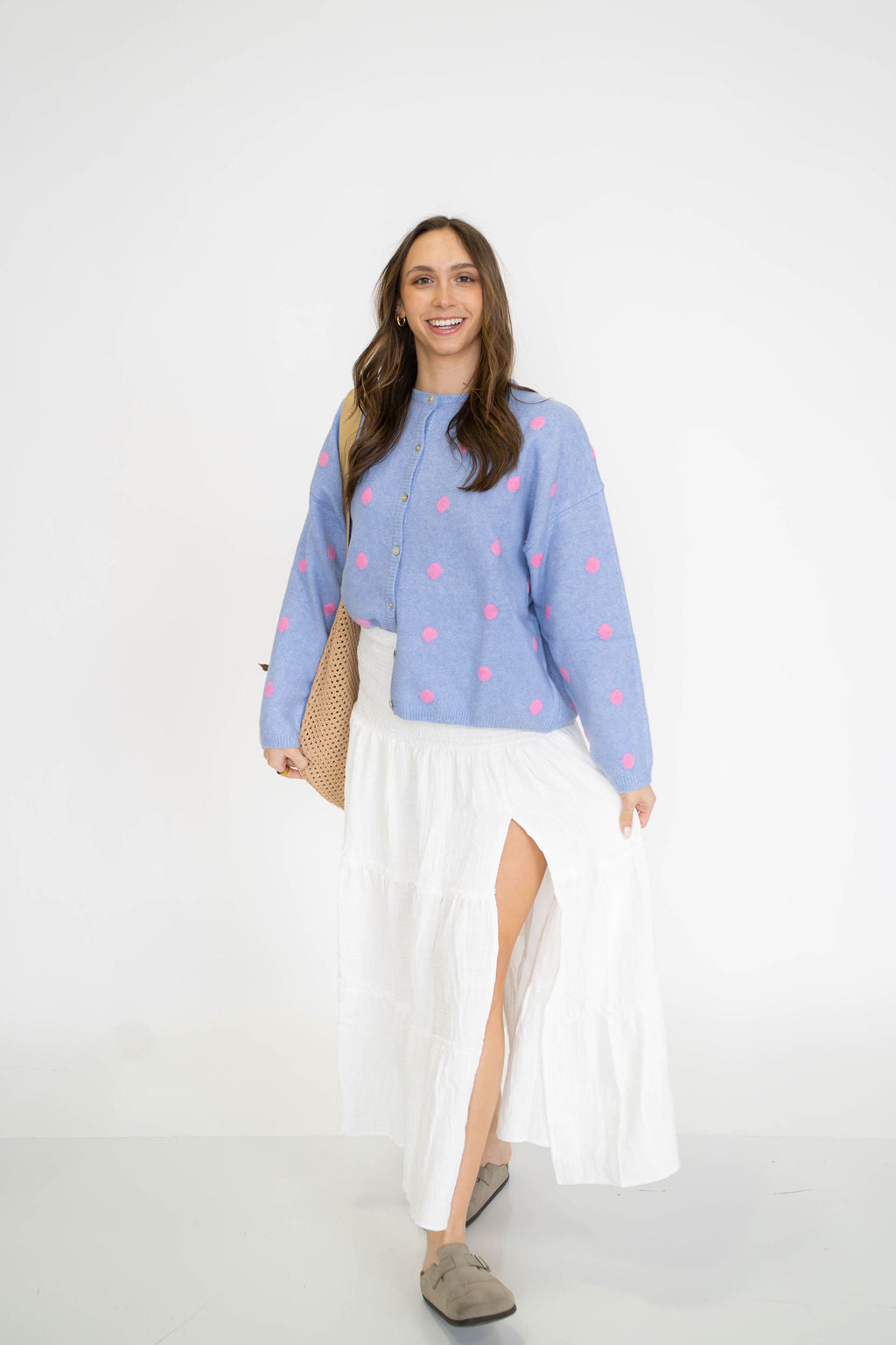 Garden Polka Dot Cardigan- Periwinkle/Pink