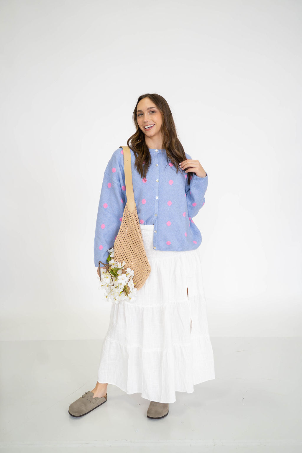 Garden Polka Dot Cardigan- Periwinkle/Pink