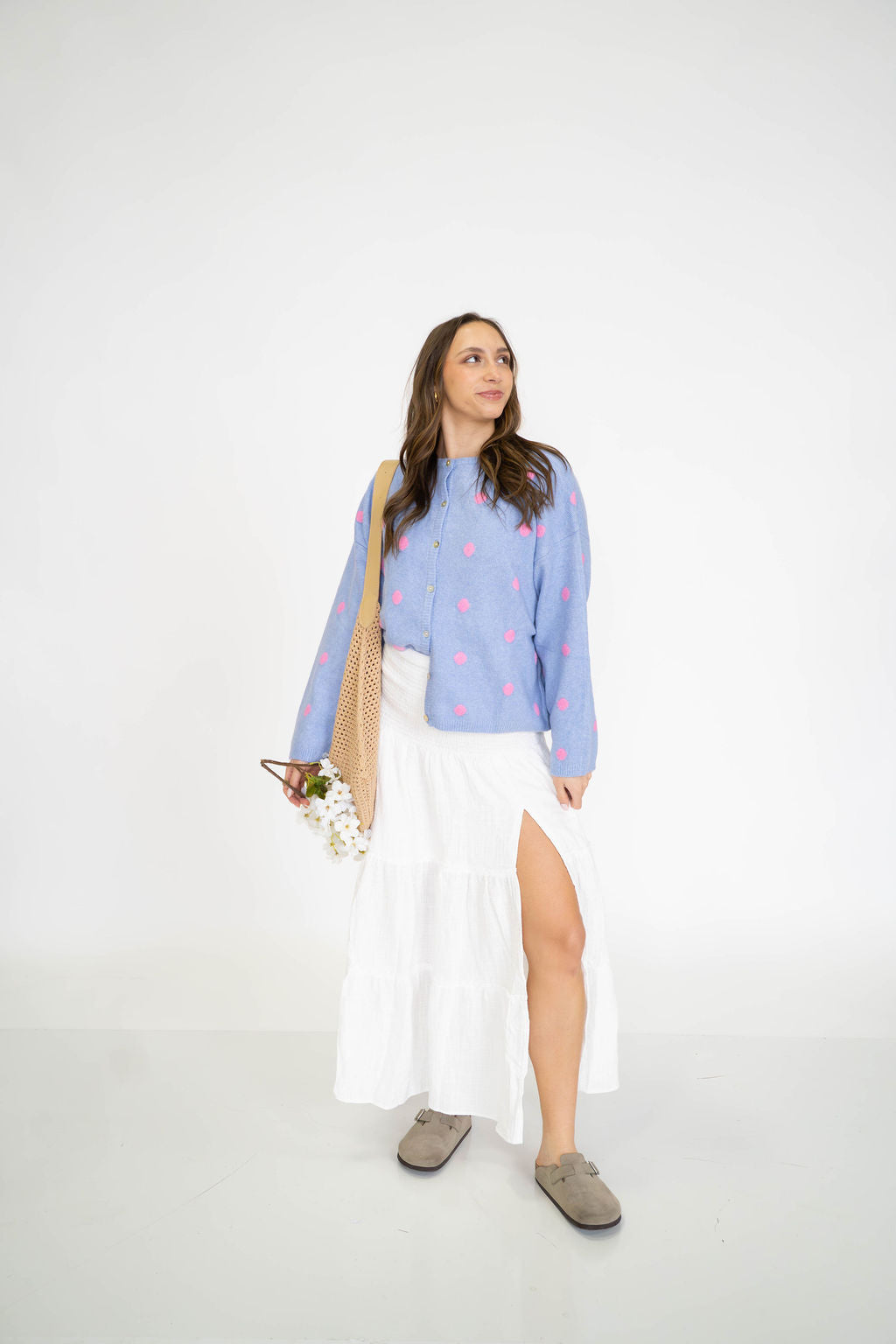 Garden Polka Dot Cardigan- Periwinkle/Pink