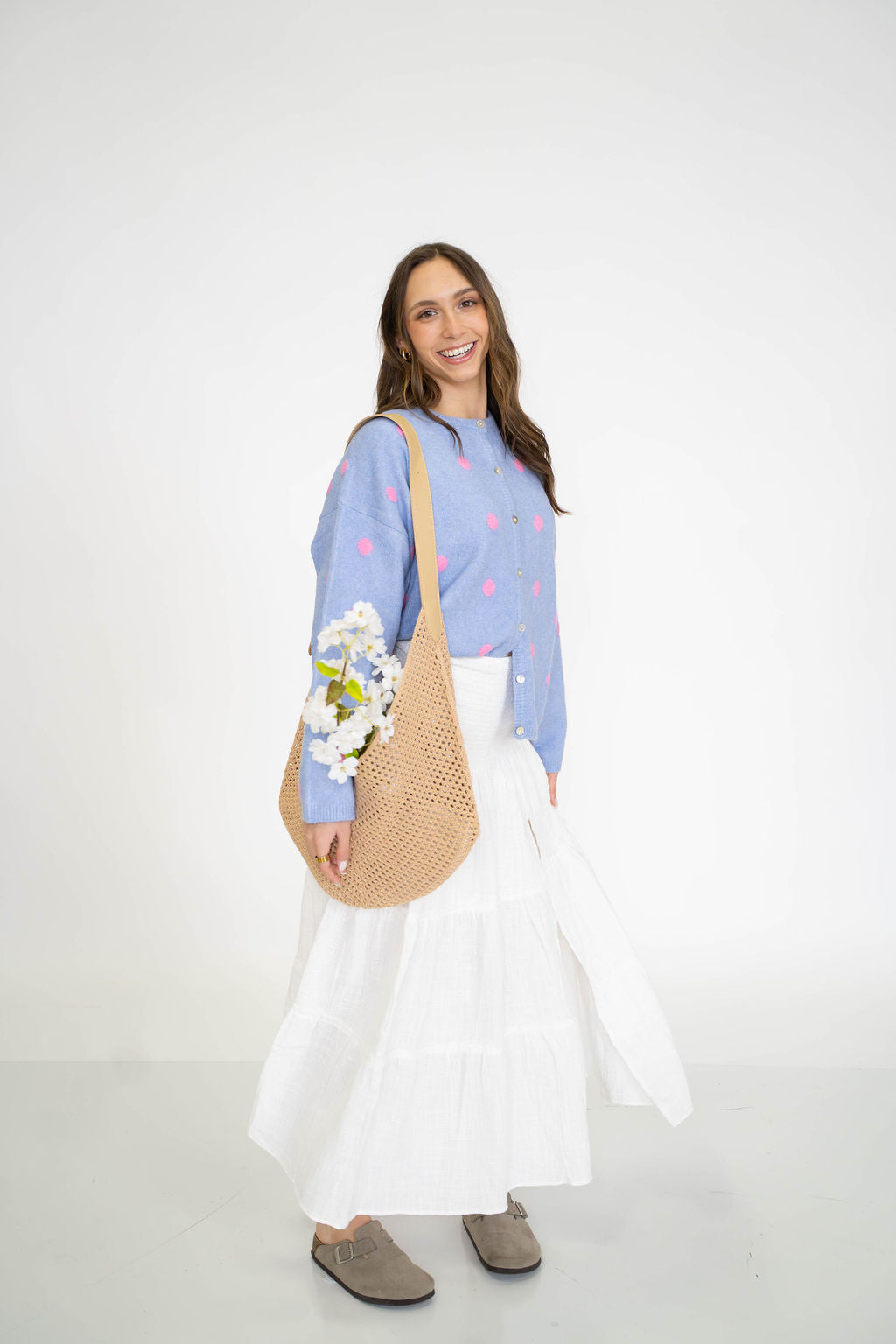 Garden Polka Dot Cardigan- Periwinkle/Pink