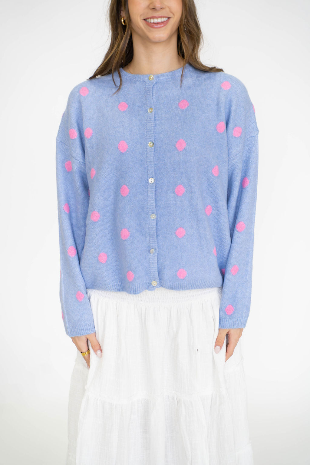 Garden Polka Dot Cardigan- Periwinkle/Pink