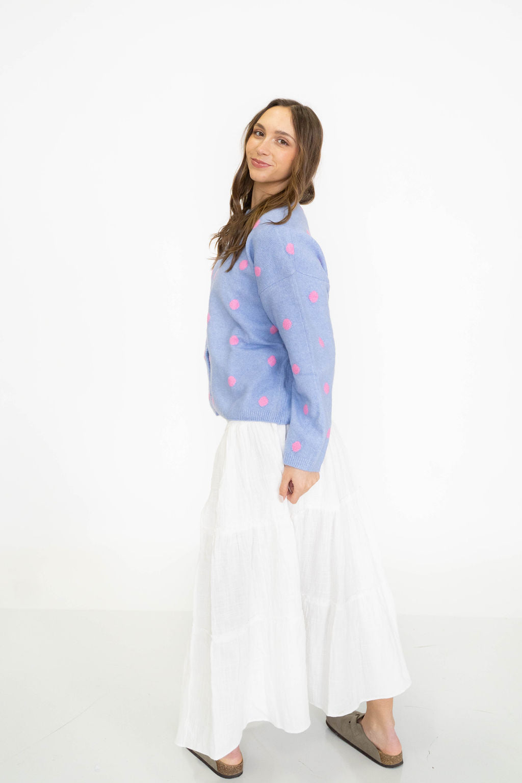 Garden Polka Dot Cardigan- Periwinkle/Pink