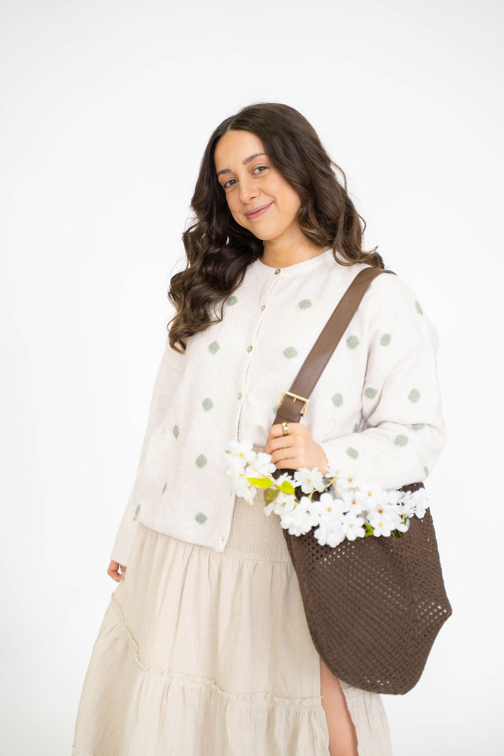 Garden Polka Dot Cardigan- Ivory/Sage