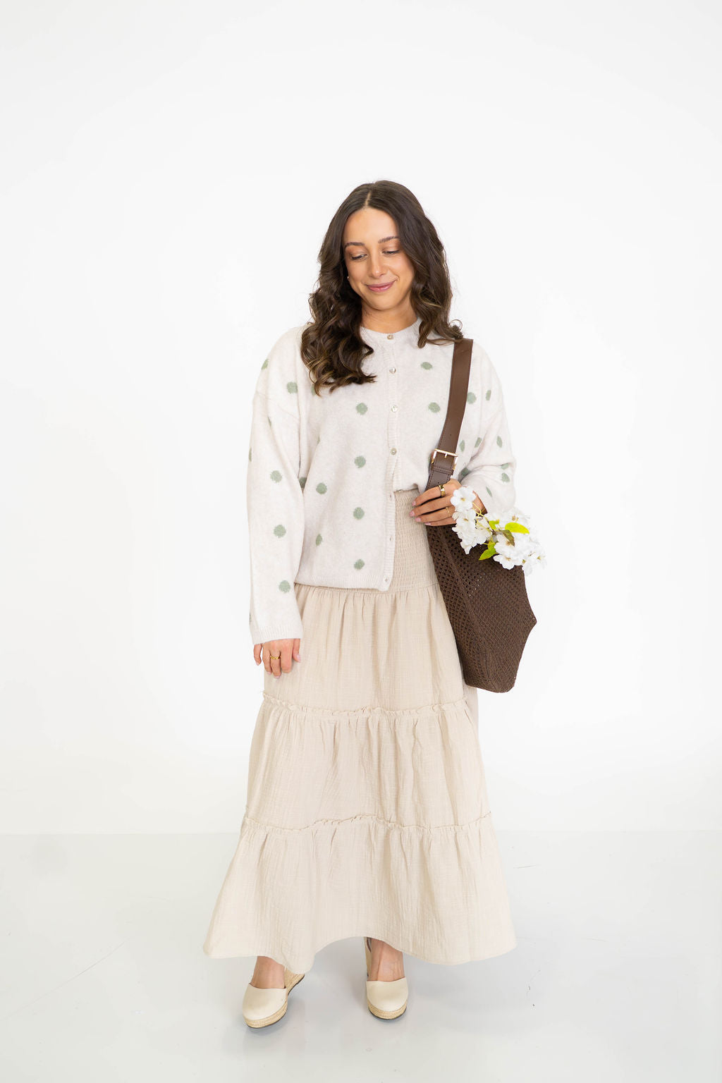 Garden Polka Dot Cardigan- Ivory/Sage