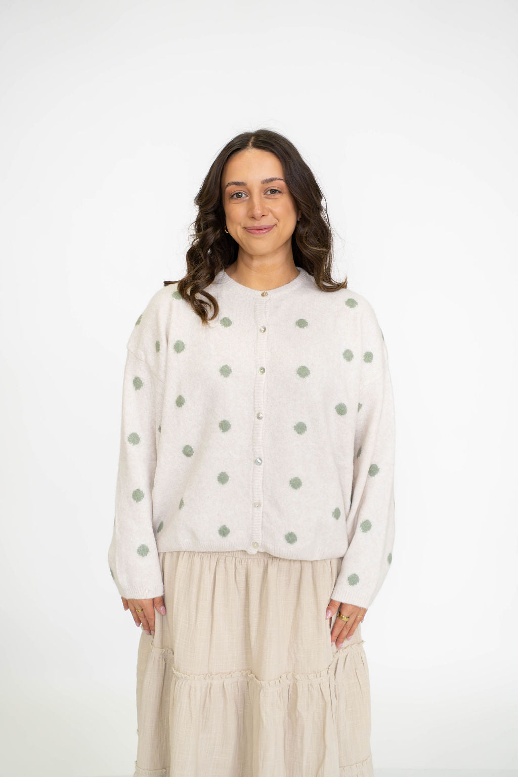 Garden Polka Dot Cardigan- Ivory/Sage