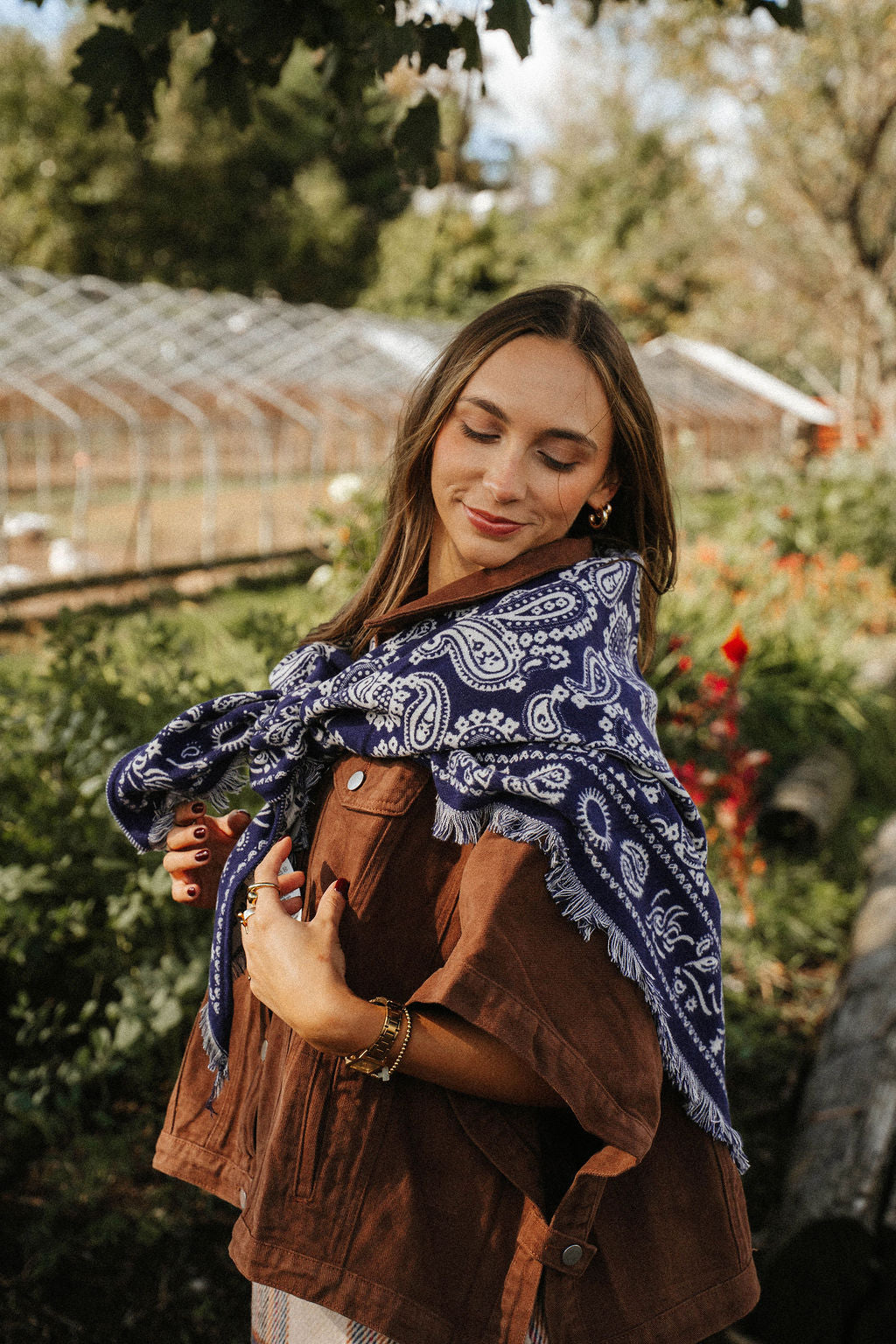 Navy Paisley Fringe Hem Triangular Scarf