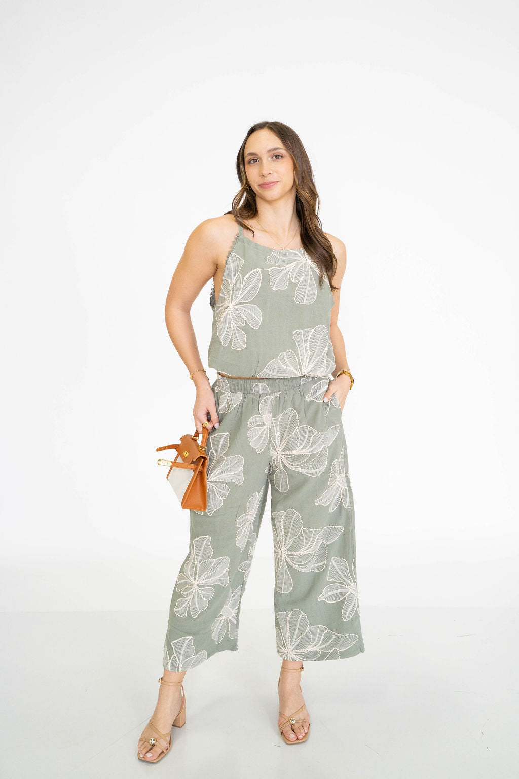 Sage Floral Embroidered Wide Leg Pants