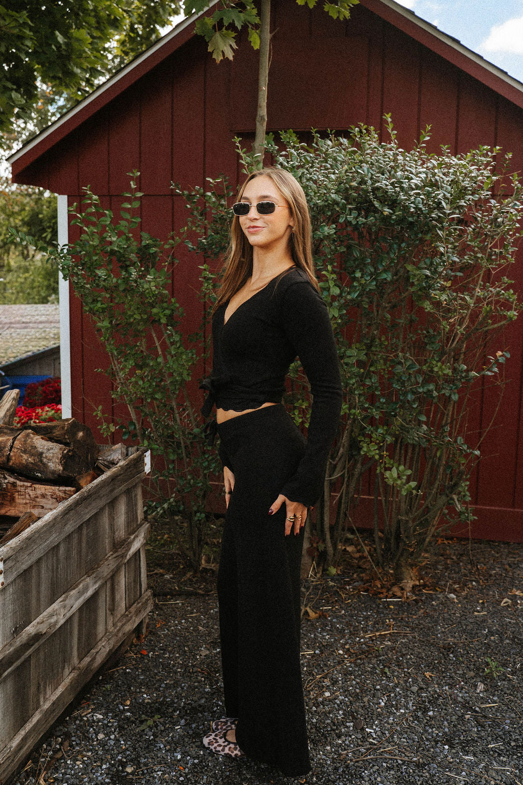 Weekend Lace Trim Knit Wrap Set-Black