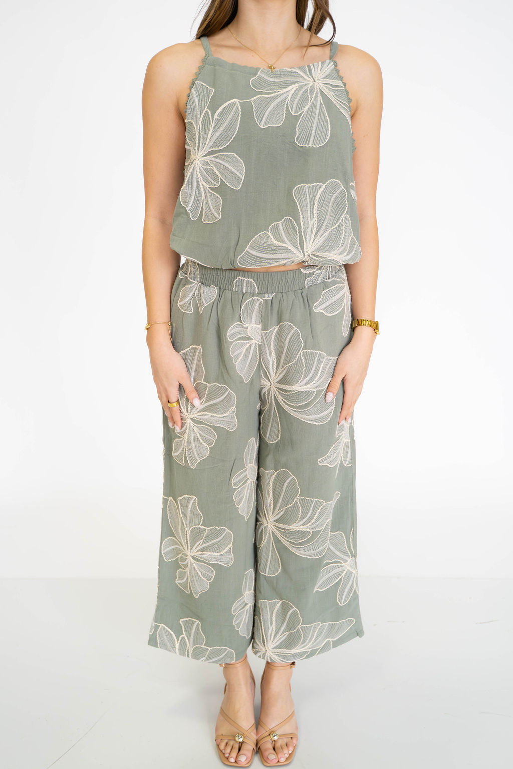 Sage Floral Embroidered Wide Leg Pants