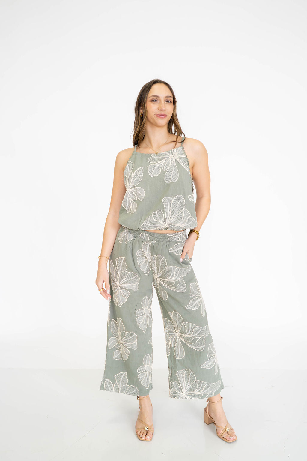 Sage Floral Embroidered Wide Leg Pants