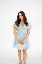 Blue Floral Embroidered Mini Dress