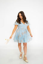 Blue Floral Embroidered Mini Dress